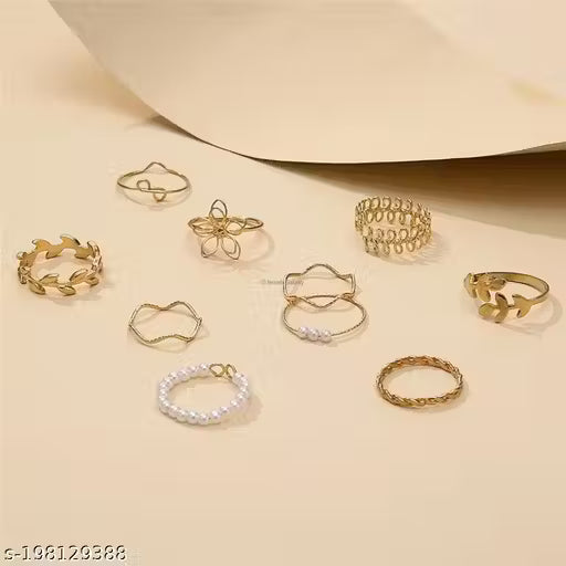 Elegent set of rings For Women Set of 10 Gold Plated Adjustable Floral Finger Ring