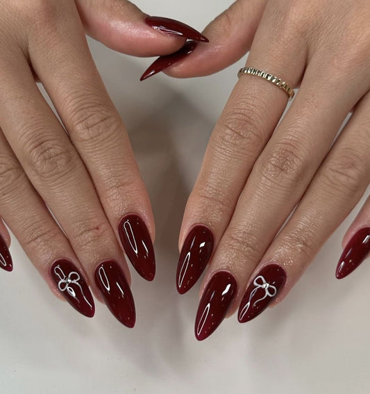 cherry maroon White Bow Glossy Nails Lightweight & Long Lasting