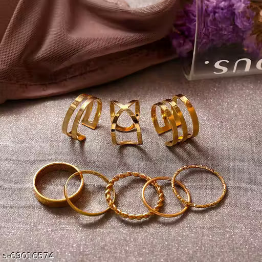 Vembley Stunning Gold Plated 8 Piece Trendy Dailywear Western Designs Ring Set For Women and Girls.